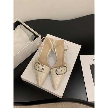 Pointed Buckled Slingback Kitten Heel Sandals