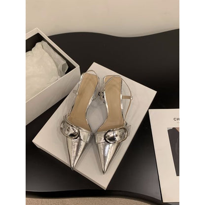 Pointed Buckled Slingback Kitten Heel Sandals