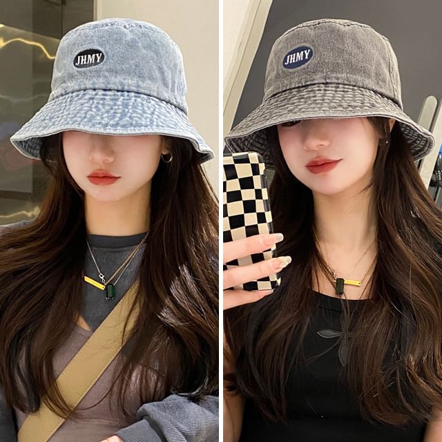 Bucket Embroidered Lettering Denim Hat Washed