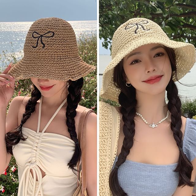 Embroidered Sun Straw Bow Hat