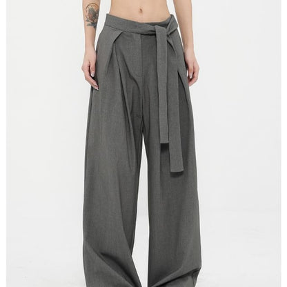 Low Rise Tie-Rise Plain Loose-Fit Wide-Leg Pants