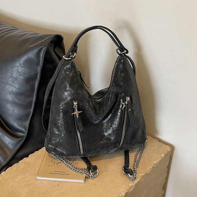 Backpack Faux Chain Leather Plain Zipped Strap