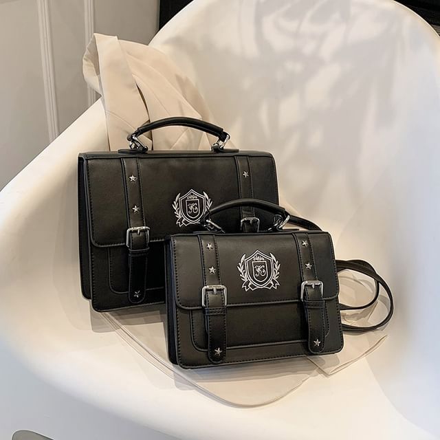 Leather Backpack Faux Satchel Embroidered Studded