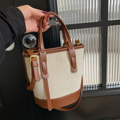 Panel Canvas Two Faux Leather Bag Bucket Tone