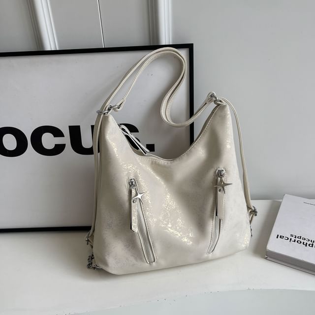 Backpack Faux Chain Leather Plain Zipped Strap