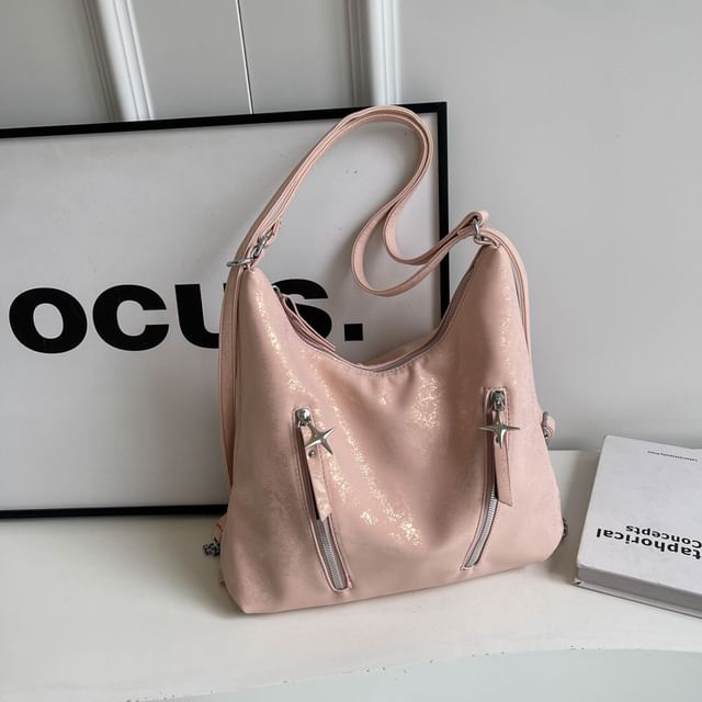 Backpack Faux Chain Leather Plain Zipped Strap