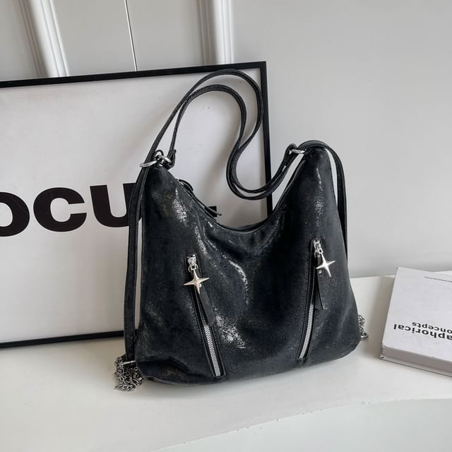 Backpack Faux Chain Leather Plain Zipped Strap