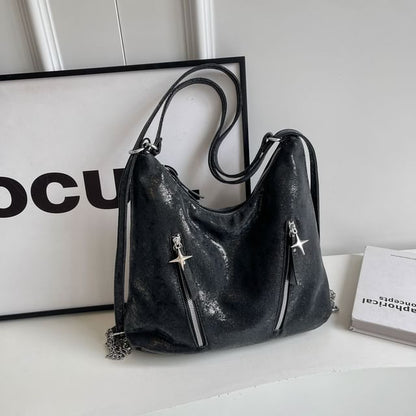 Backpack Faux Chain Leather Plain Zipped Strap