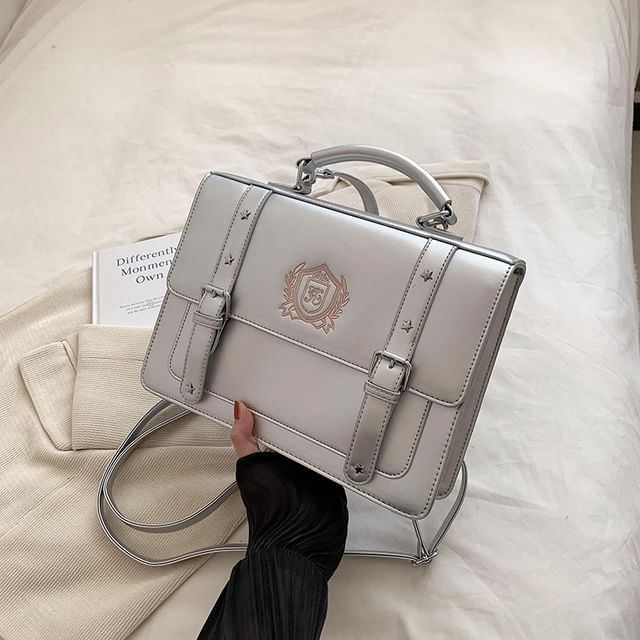 Leather Backpack Faux Satchel Embroidered Studded