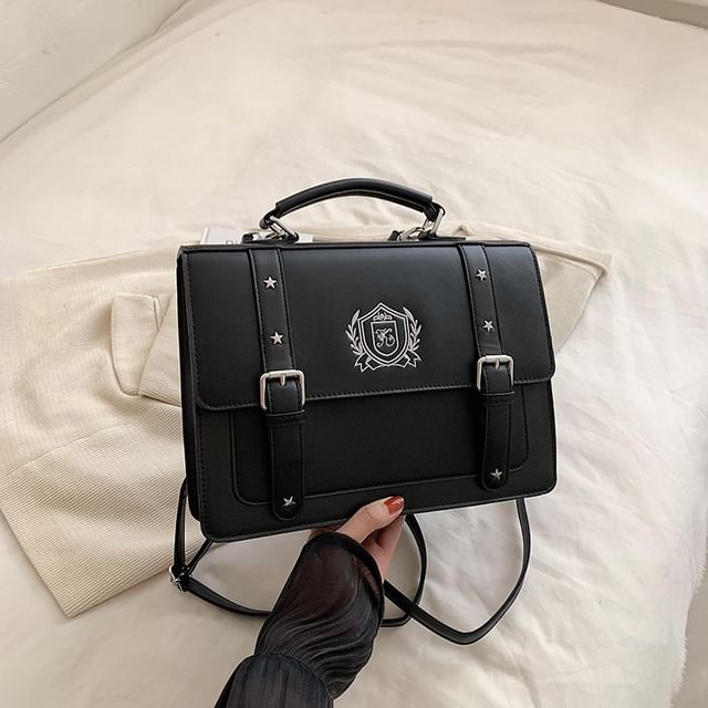 Leather Backpack Faux Satchel Embroidered Studded