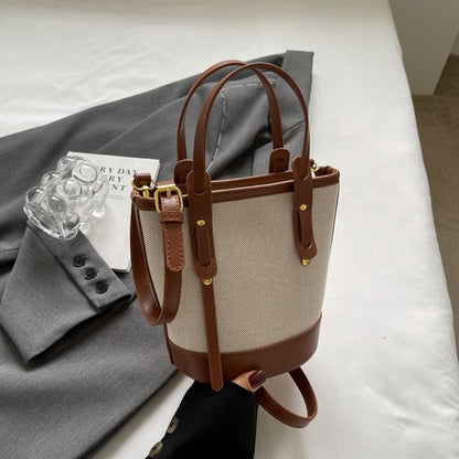 Panel Canvas Two Faux Leather Bag Bucket Tone