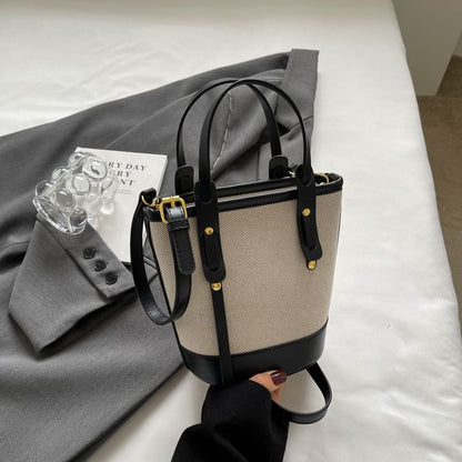 Panel Canvas Two Faux Leather Bag Bucket Tone
