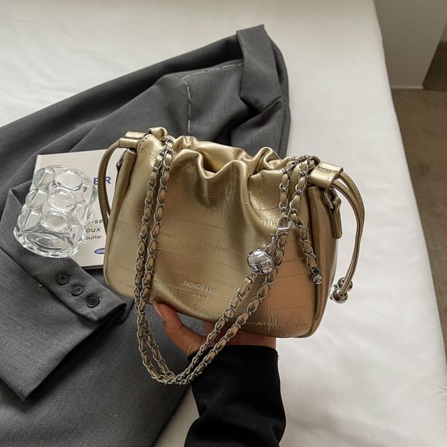 Leather Drawstring Chain Strap Faux Bag Crossbody