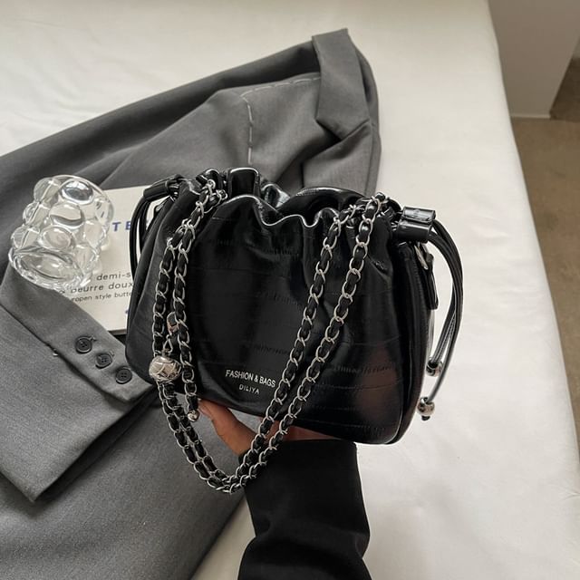 Leather Drawstring Chain Strap Faux Bag Crossbody