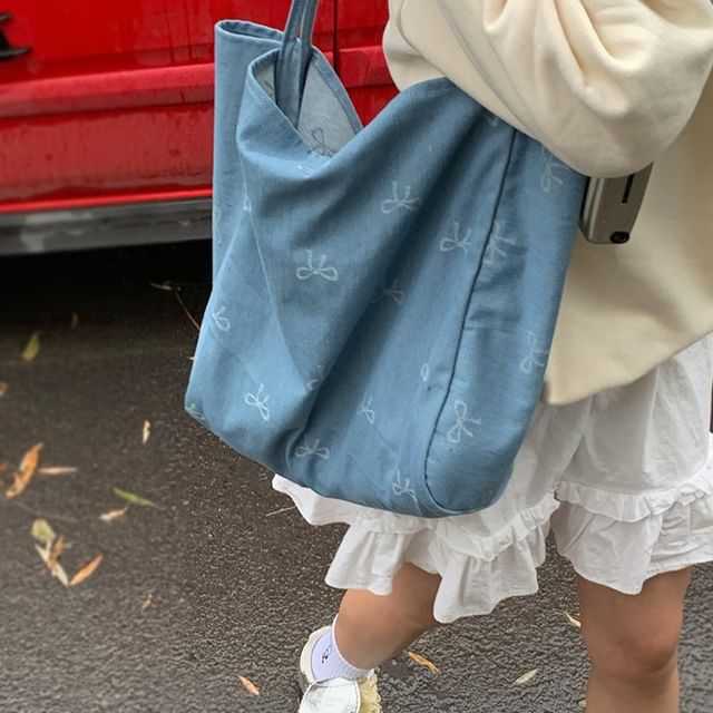 Bow Patterned Denim Tote Bag