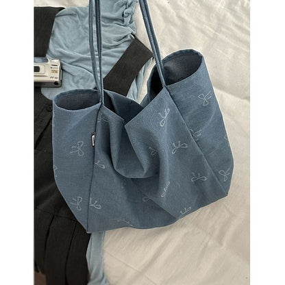 Bow Patterned Denim Tote Bag