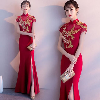 Traditional Chinese Cap-Sleeve Embroidered Mermaid Evening Gown