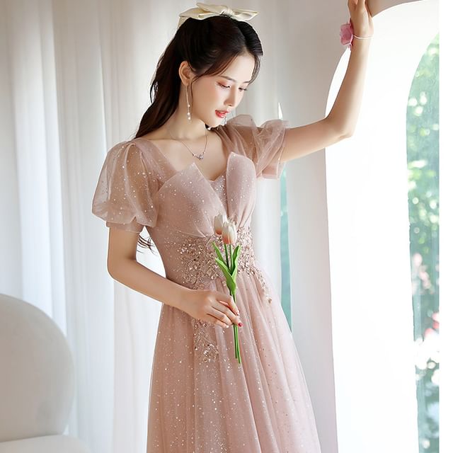 Gown Rhinestone (Various Mesh Evening A-Line Designs) Short-Sleeve