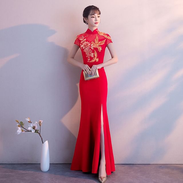 Traditional Chinese Cap-Sleeve Embroidered Mermaid Evening Gown