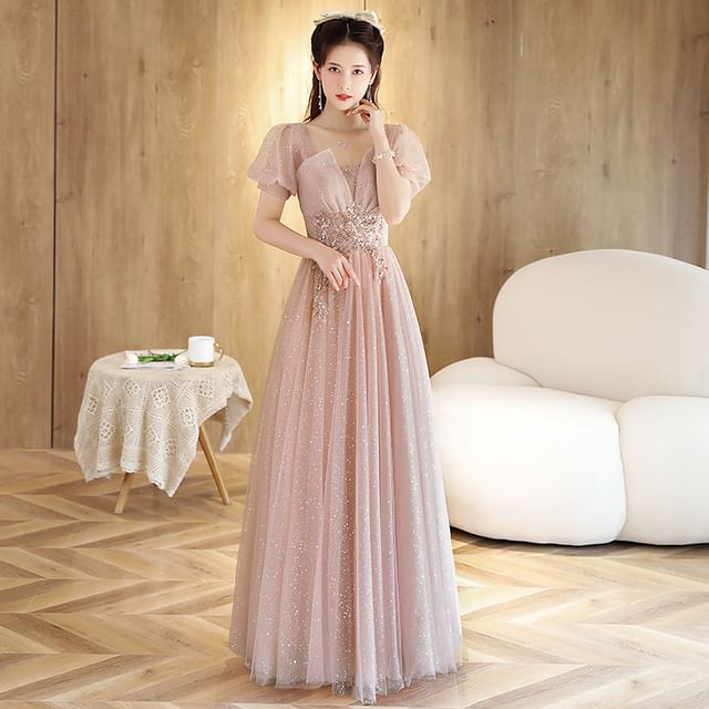 Short-Sleeve Rhinestone Mesh A-Line Evening Gown (Various Designs)