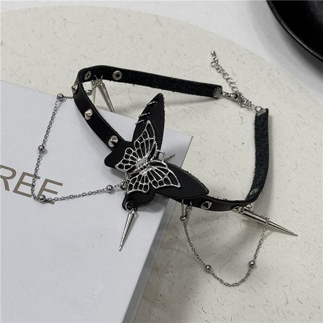 Faux Butterfly Choker / Alloy Leather Studded