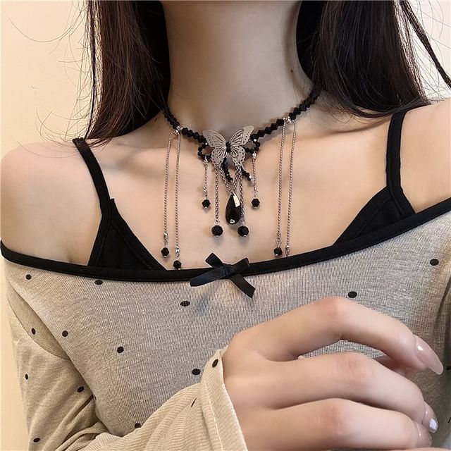 Faux Butterfly Choker / Alloy Leather Studded