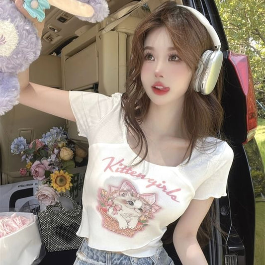 Cartoon Square Tee Short-Sleeve Print Lettering Neck