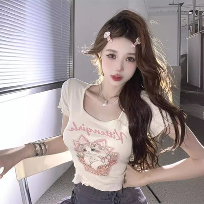 Cartoon Square Tee Short-Sleeve Print Lettering Neck