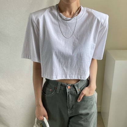 Short-Sleeve Crewneck Plain Crop T-Shirt