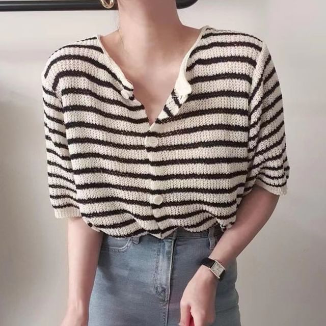 Short-Sleeve Striped Button-Up Cardigan