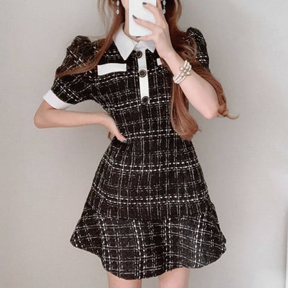 Short-Sleeve Collared Tweed Mini A-Line Dress