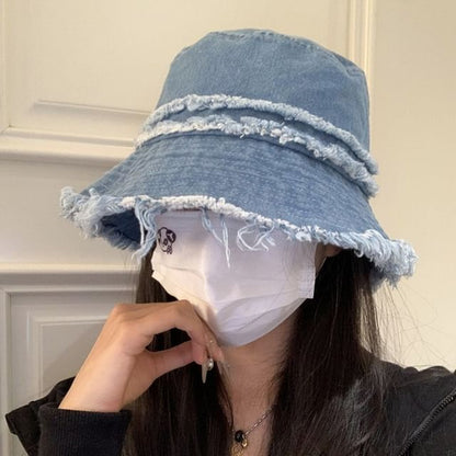 Hat Denim Distressed Bucket Fringed