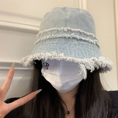 Hat Denim Distressed Bucket Fringed