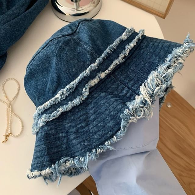 Hat Denim Distressed Bucket Fringed