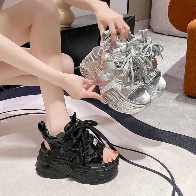 Lace-Up Platform Sequin Sandals Slingback