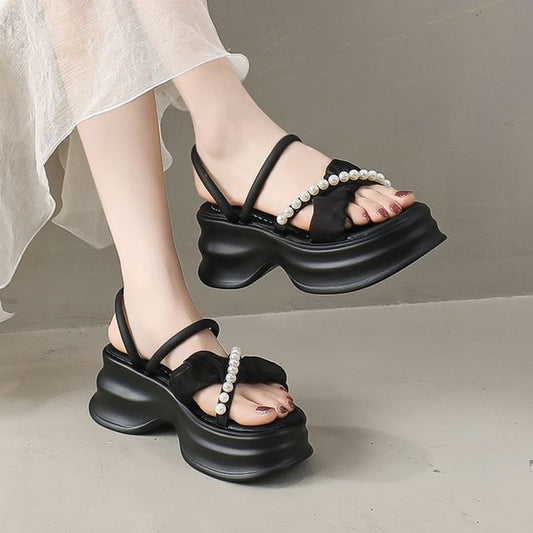 Cross Pearl Faux Platform Accent Strap Sandals Ruched