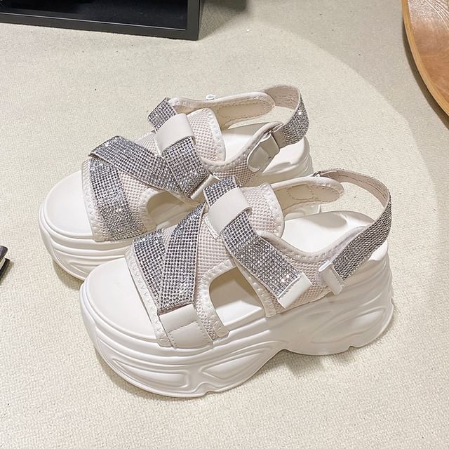 Platform Adhesive Mesh Rhinestone Strap Sandals Slingback