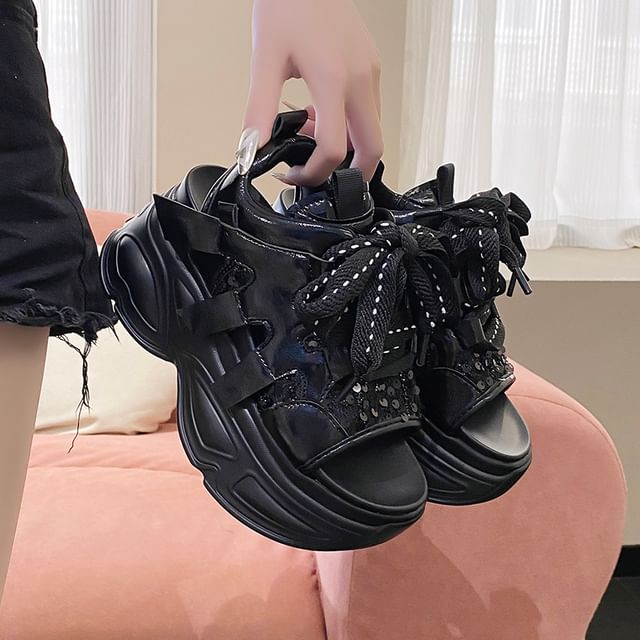 Lace-Up Sequin Platform Sandals Slingback