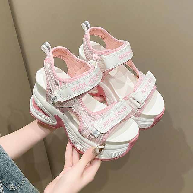 Adhesive Heel Sandals Slingback Lettering Print Strap Wedge Mesh