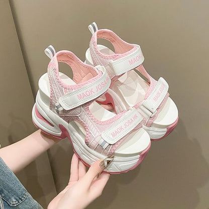 Adhesive Heel Sandals Slingback Lettering Print Strap Wedge Mesh