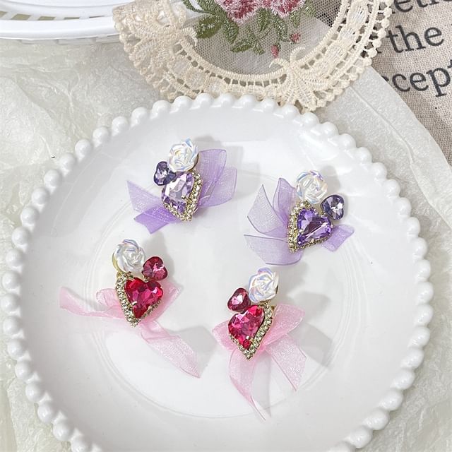 Heart-Shaped Bow Organza Earrings With Rhinestone
