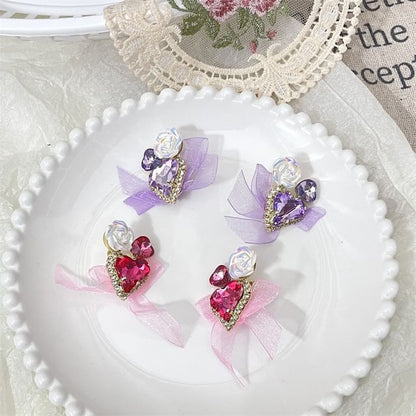 Heart-Shaped Bow Organza Earrings With Rhinestone