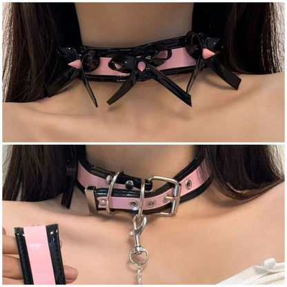 Bow Leather Style And Punk Necklace Choker With Leash Chain Faux