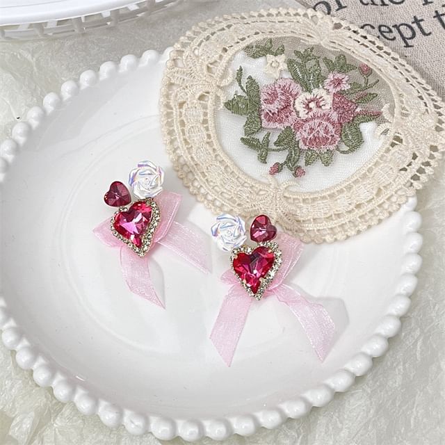 Heart-Shaped Bow Organza Earrings With Rhinestone