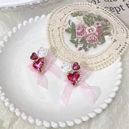 Heart-Shaped Bow Organza Earrings With Rhinestone