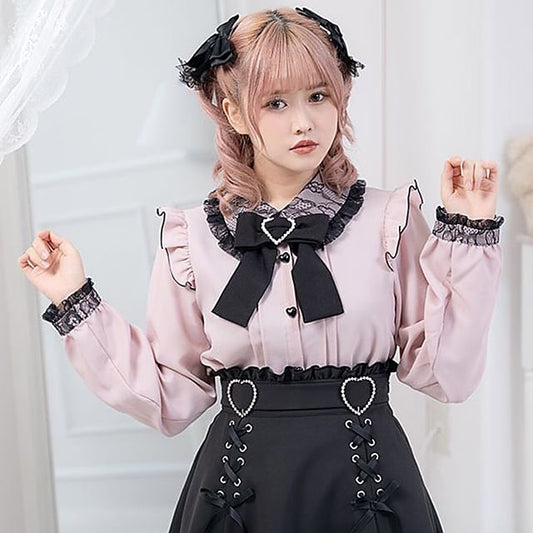 Lolita Long Sleeve Peter Pan Collar Ruffle Trim Blouse / Bow Tie / Set