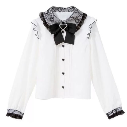 Lolita Long Sleeve Peter Pan Collar Ruffle Trim Blouse / Bow Tie / Set