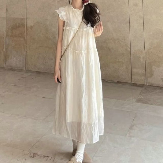 Sheer Plain A-Line Dress Midi Cap-Sleeve