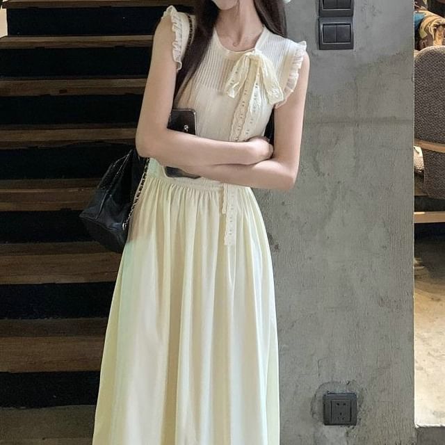 Plain Sleeveless Dress A-Line Crewneck Midi