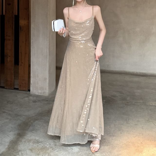 Spaghetti Maxi Strap A-Line Dress Sequin